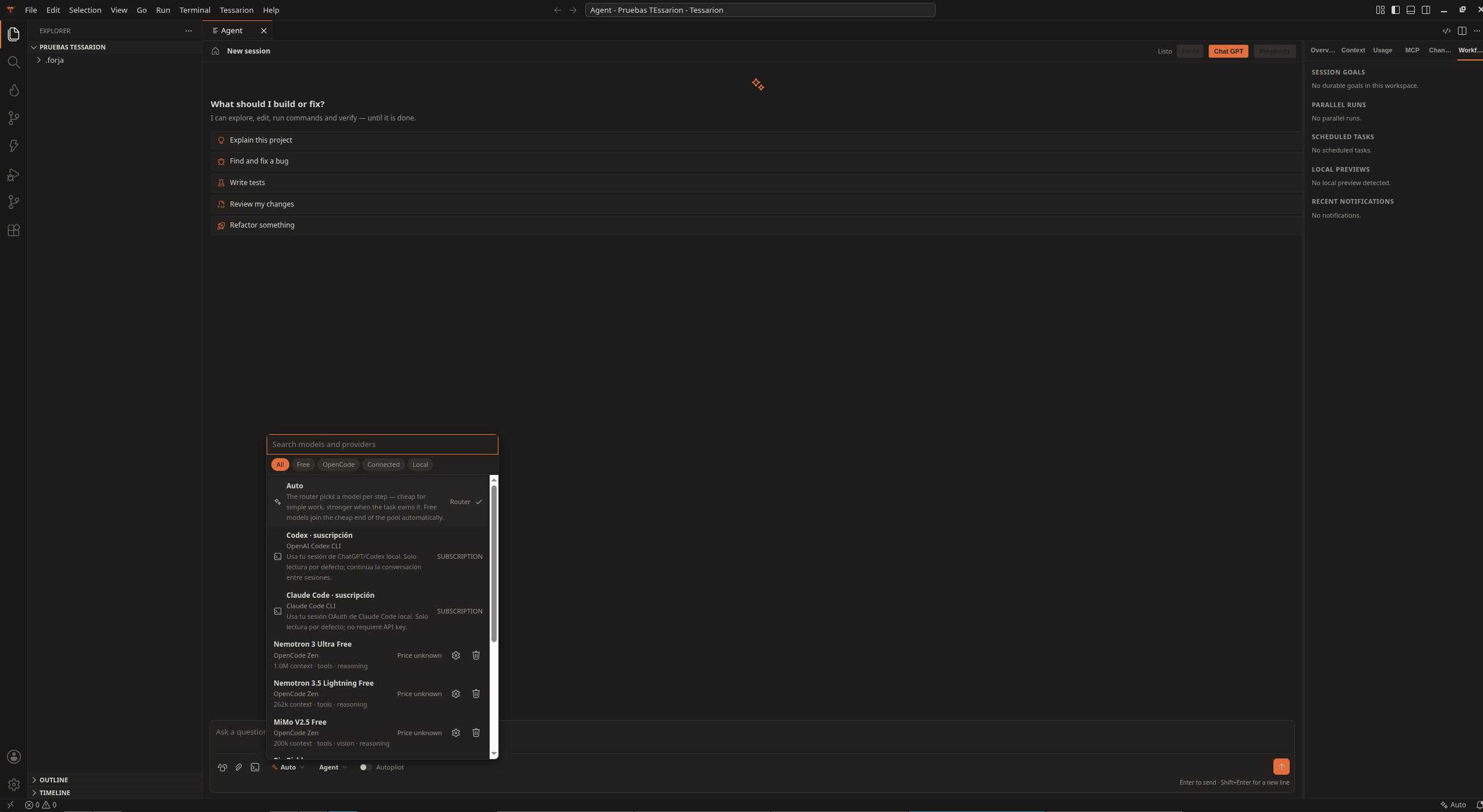 Selector de modelos y proveedores de Tessarion